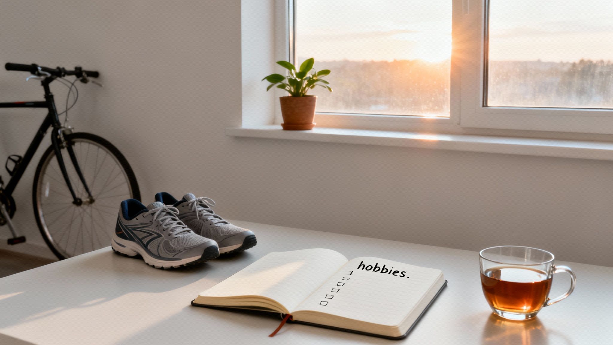 Chaussures de course, cahier de loisirs et tasse de thé sur une table, près d'un vélo et d'une fenêtre lumineuse.