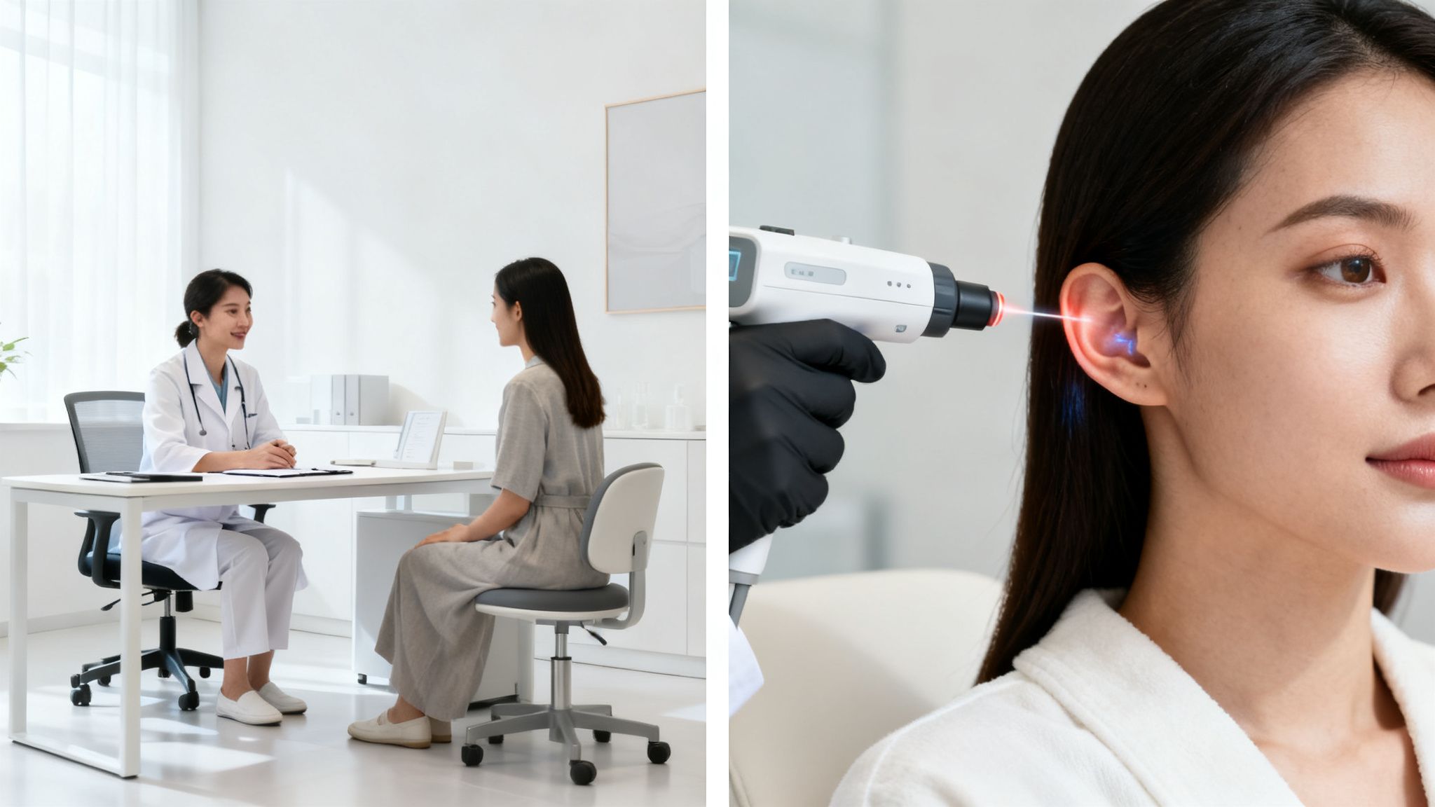 L'auriculothérapie addiction: une solution naturelle contre votre dépendance 6 Consultation médicale suivie d'un traitement d'auriculothérapie au laser sur l'oreille d'une patiente.