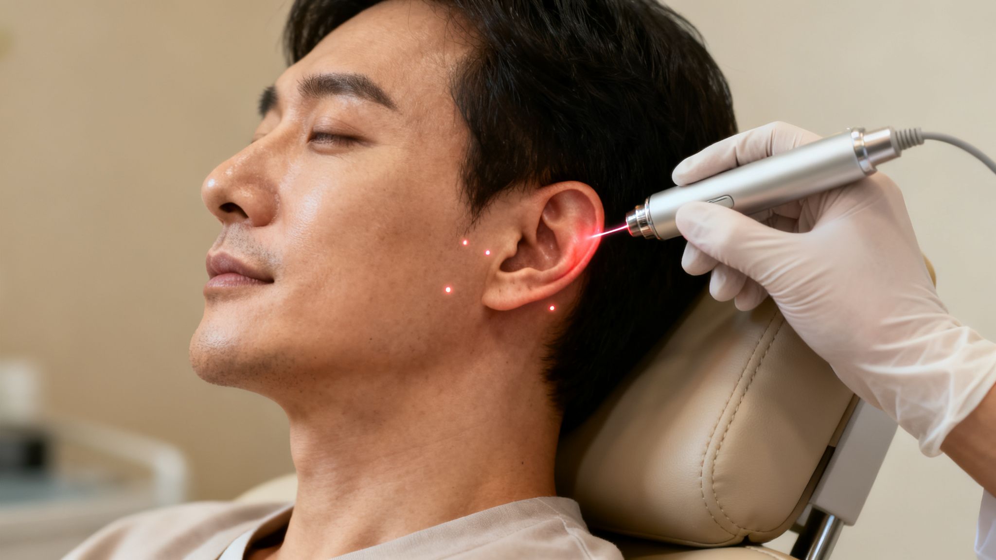 Un homme reçoit un traitement laser précis près de l'oreille pour l'arrêt du tabac.
