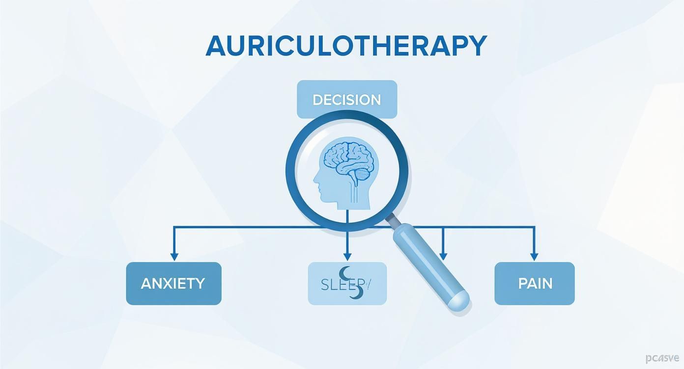 Infographie sous forme d'arbre de décision pour savoir si l'auriculothérapie est adaptée pour gérer l'anxiété, les troubles du sommeil ou la douleur.