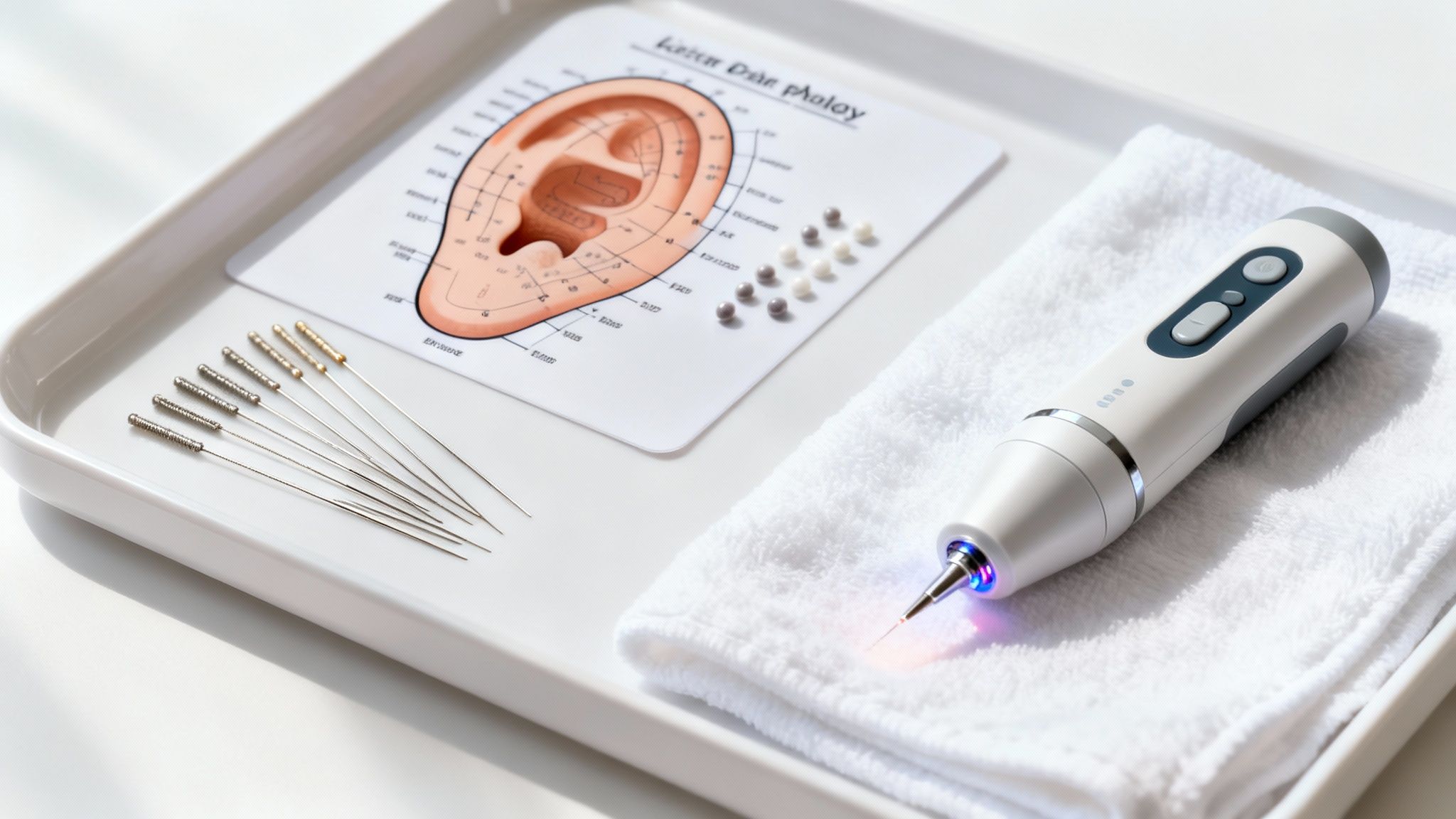 Un plateau blanc avec des aiguilles d'acupuncture, une carte d'oreille et un appareil de thérapie lumineuse sur une serviette.