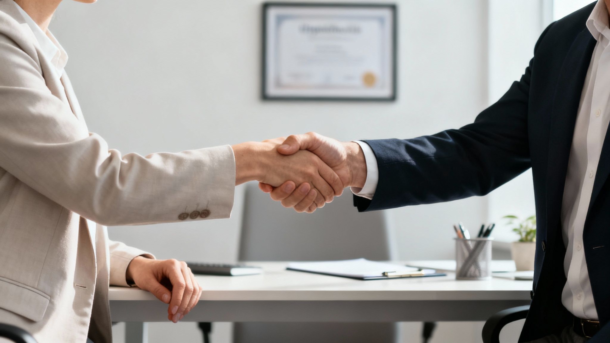 Deux professionnels en costume se serrent la main lors d'une consultation d'hypnothérapie pour arrêter de fumer