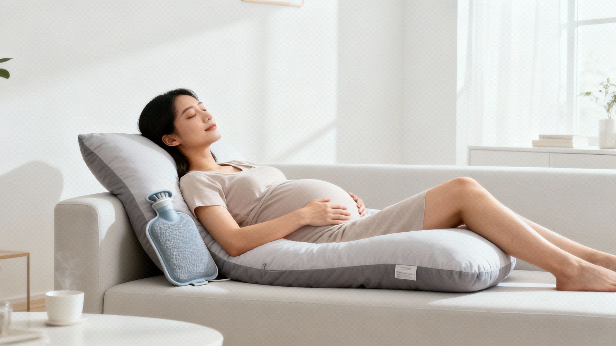 Une femme enceinte assise confortablement, posant une question à son médecin avec un sourire confiant.
