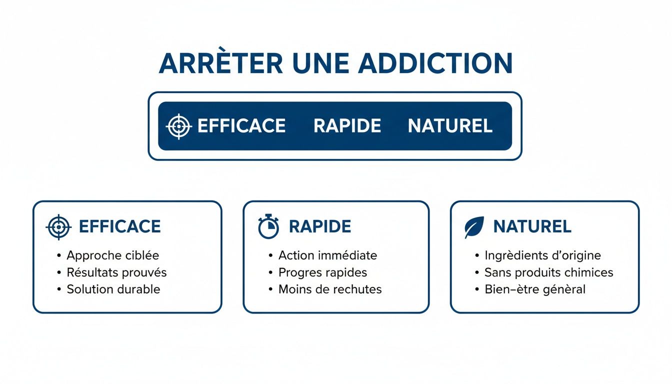 L'auriculothérapie addiction: une solution naturelle contre votre dépendance 3 Infographie décrivant comment arrêter une addiction de manière efficace, rapide et naturelle, avec des explications détaillées pour chaque point.