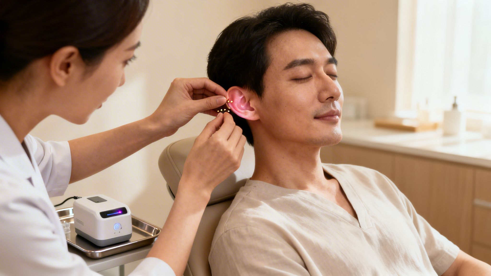 Quelle alternative aux patchs nicotine pour arrêter de fumer 5 Une praticienne applique des graines d'oreille (auriculothérapie) sur l'oreille d'un homme détendu.