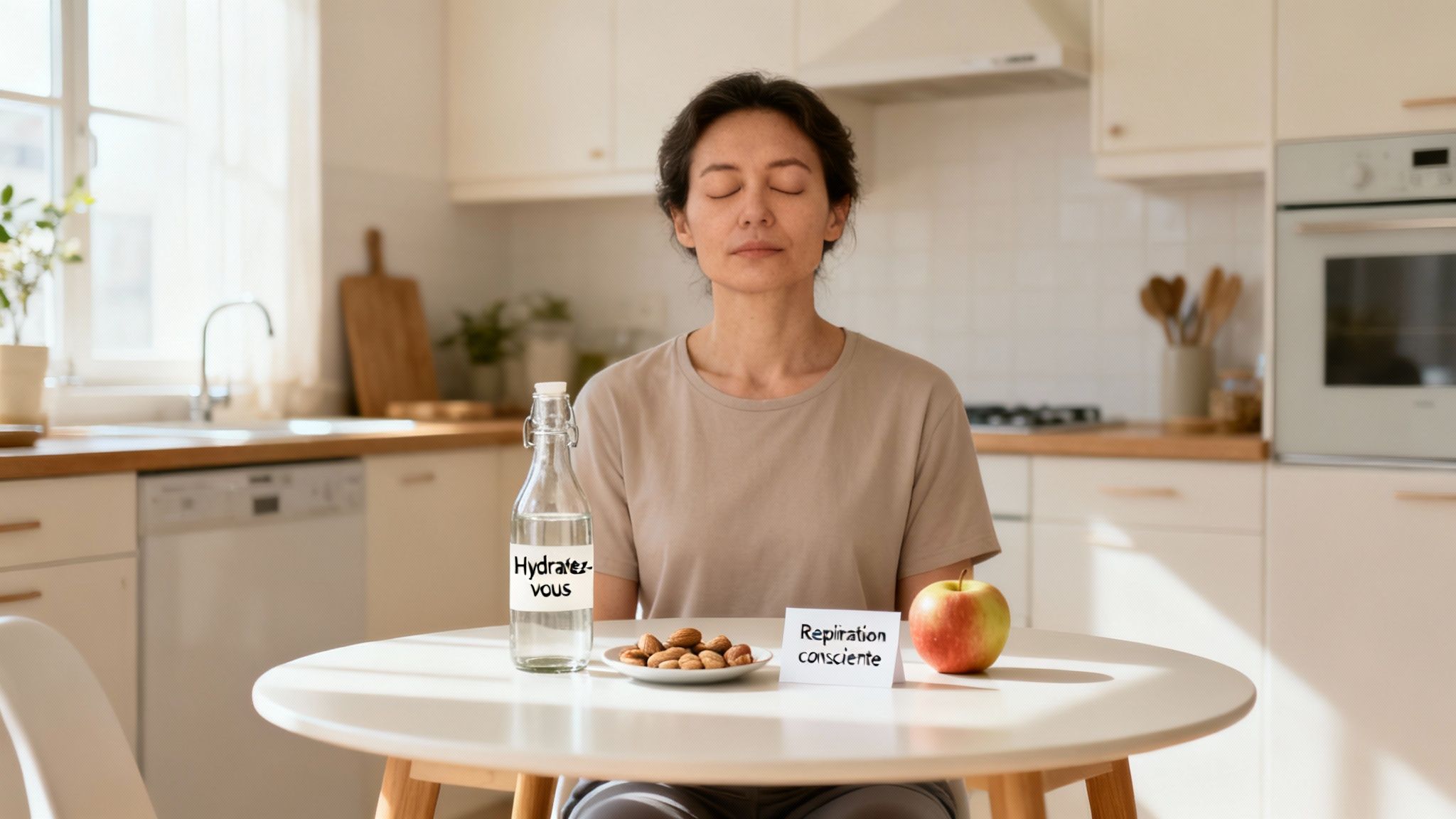 Femme méditant dans une cuisine lumineuse avec de l'eau, des amandes et une pomme sur la table.