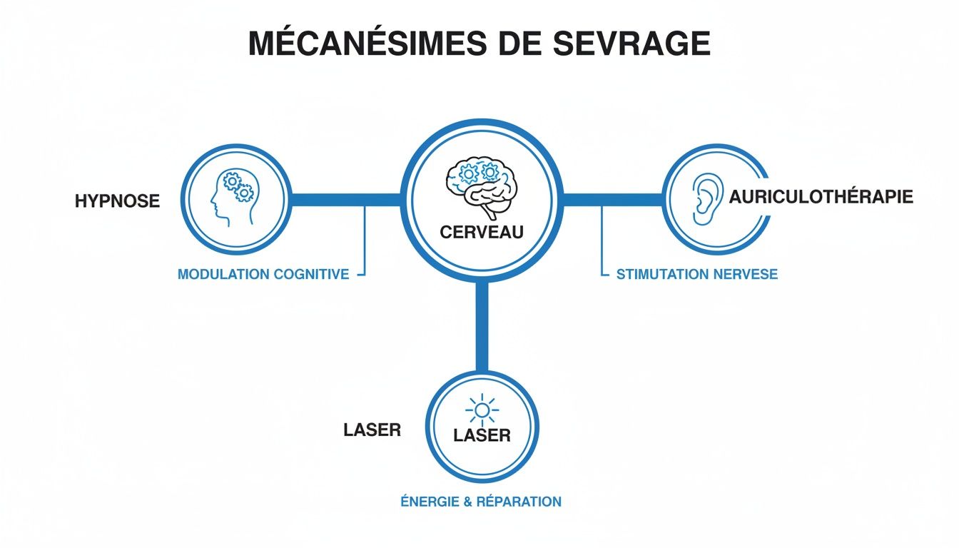 Infographie des mécanismes de sevrage expliquant le rôle du cerveau, l'hypnose, l'auriculothérapie et le laser.