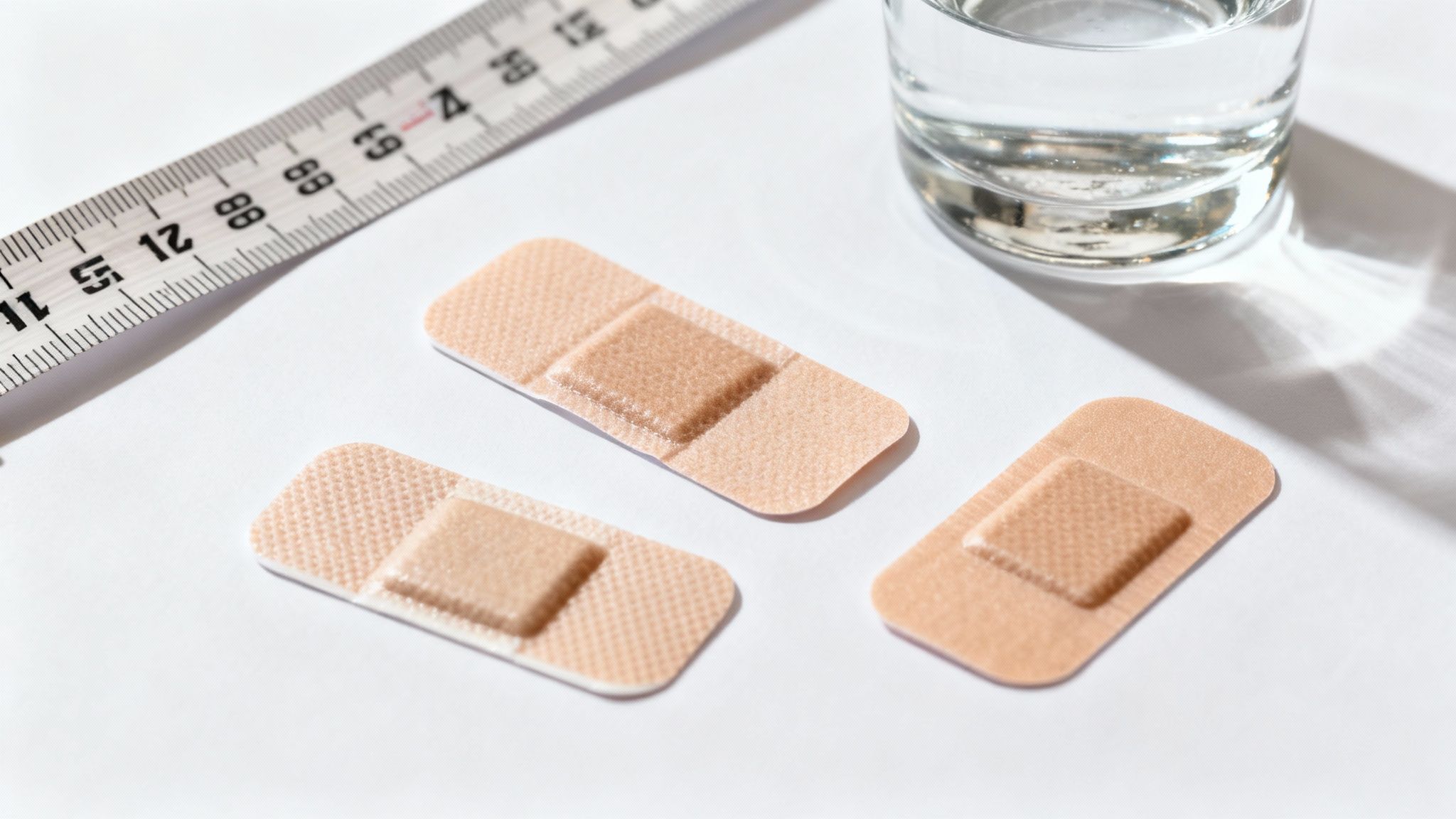 Trois pansements adhésifs, un ruban à mesurer et un verre d'eau sur une surface blanche.