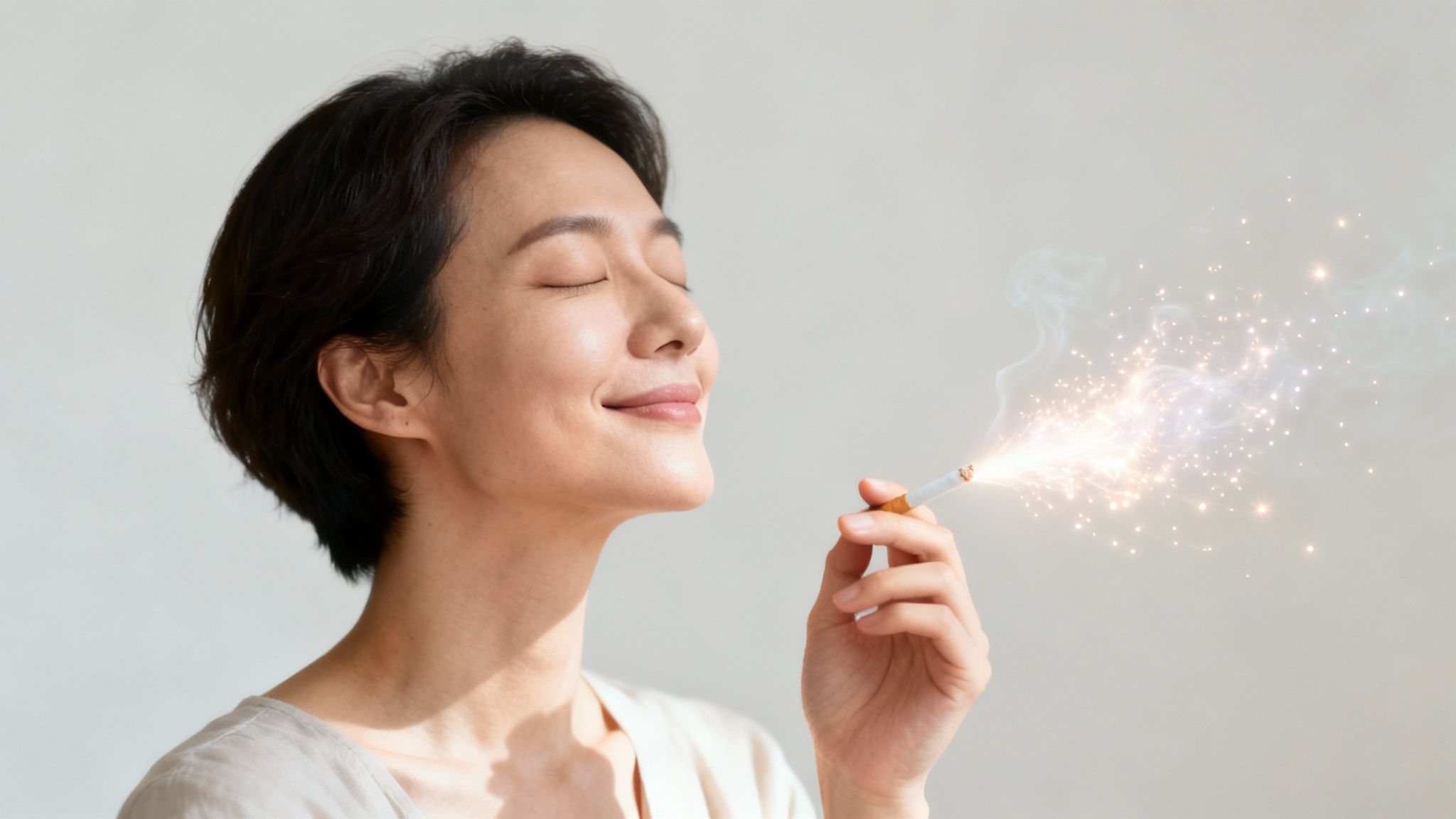 Femme asiatique souriante, les yeux fermés, tenant une cigarette qui émet des étincelles et de la fumée, sur fond clair.