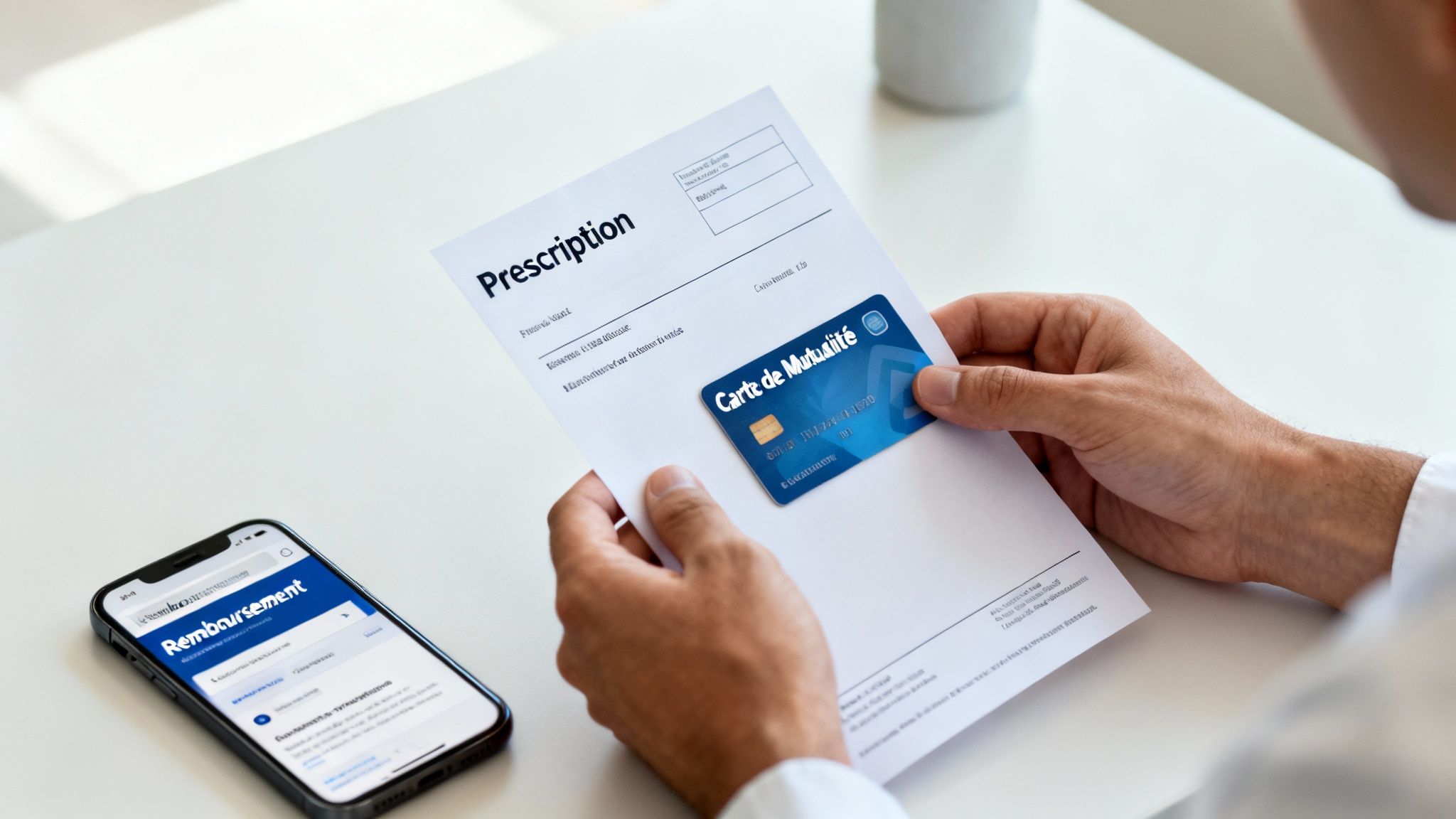 Une personne tenant une ordonnance médicale et une carte de mutuelle, avec un smartphone affichant les remboursements.