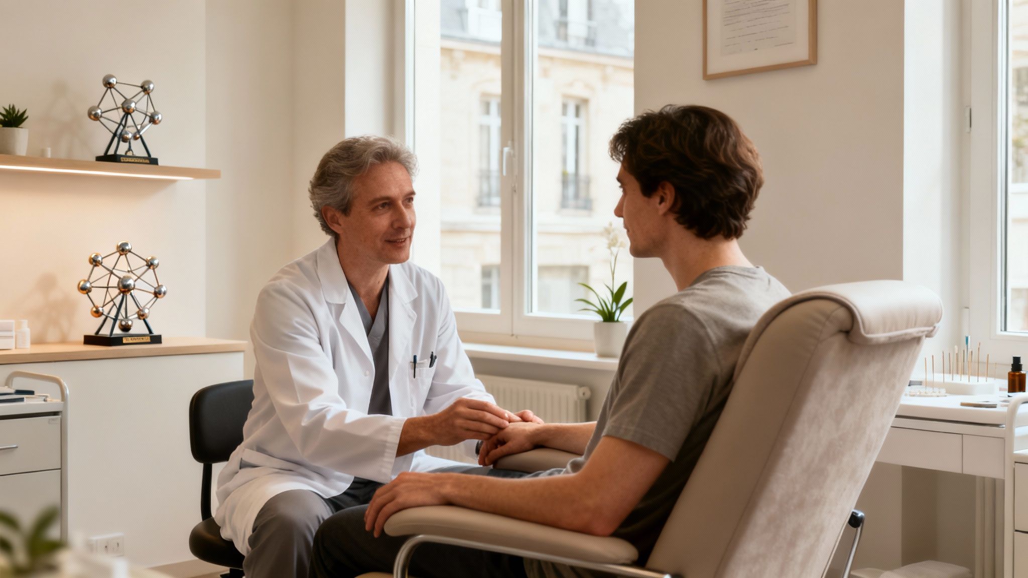 Un médecin en blouse blanche examine le poignet d'un patient lors d'une consultation dans un cabinet médical lumineux.