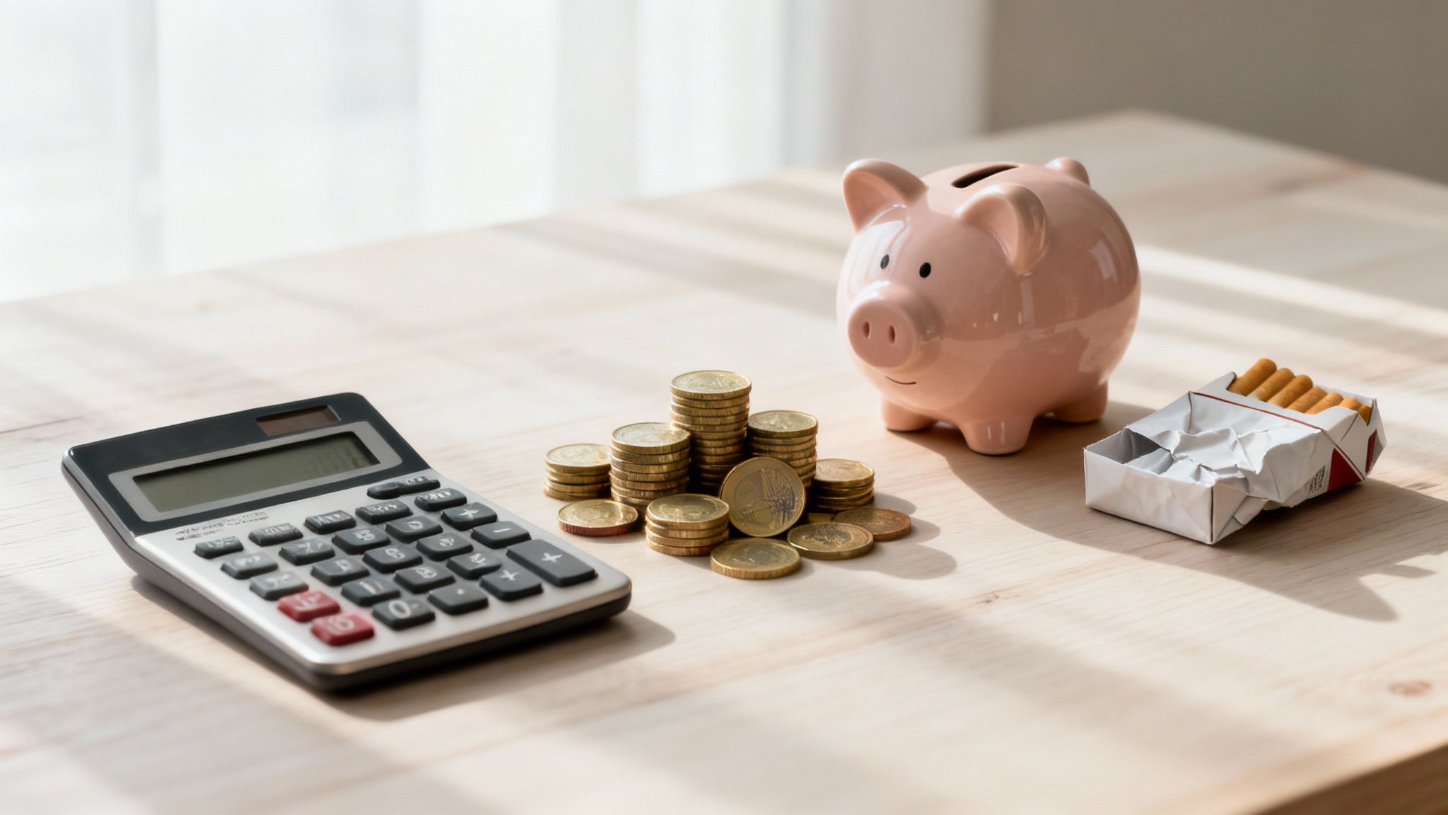 Calculatrice, tirelire rose, piles de pièces et paquet de cigarettes froissé sur une table en bois.