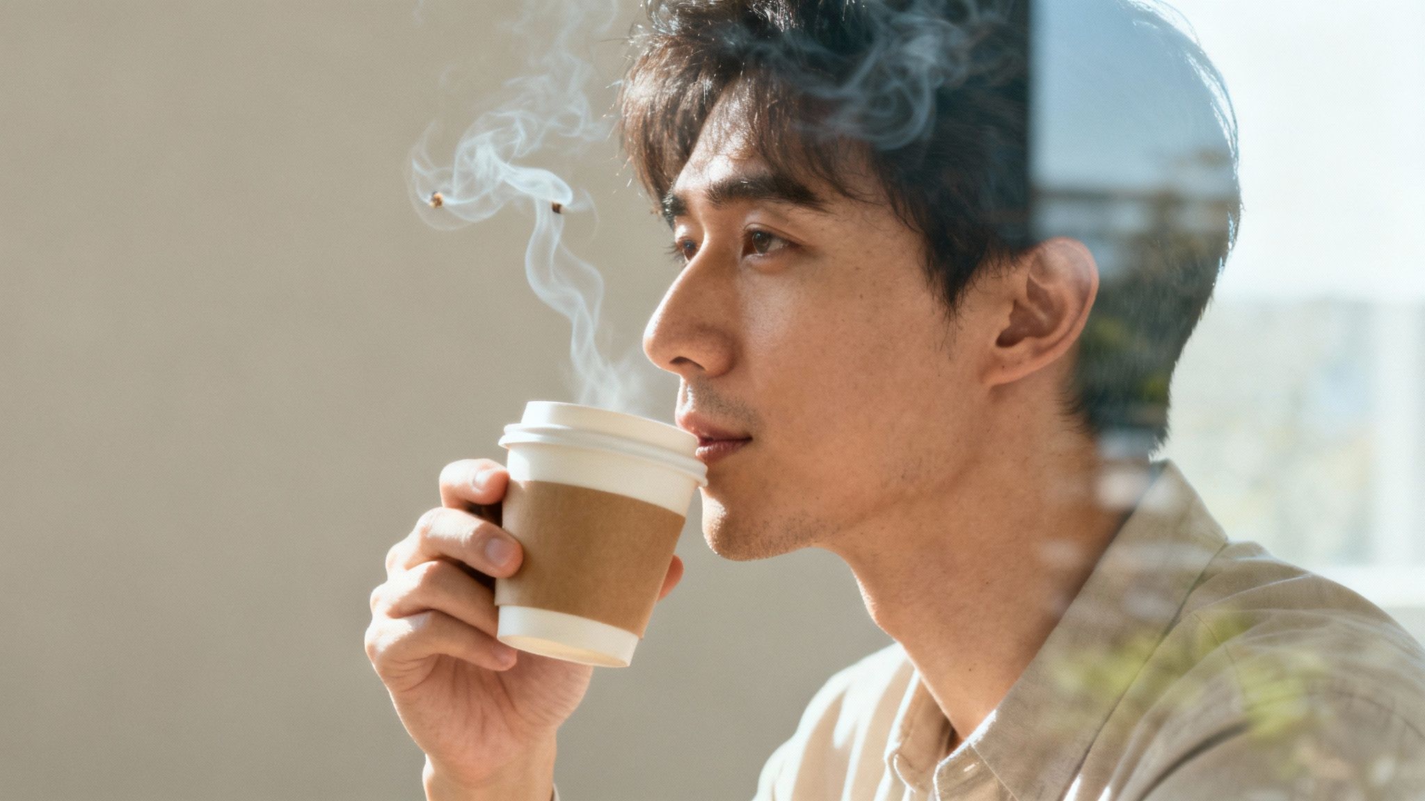 Jeune homme asiatique buvant un café chaud dehors, profitant d'un moment de détente sans tabac