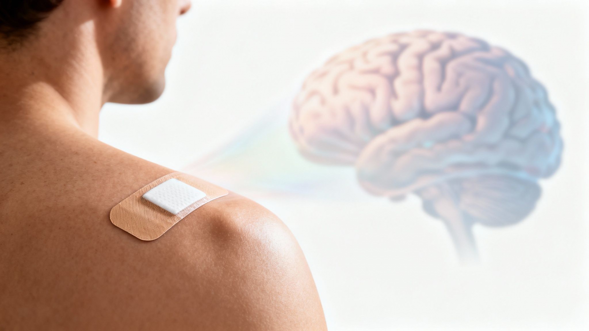 Patch transdermique sur l'épaule d'une personne, relié visuellement à un cerveau en arrière-plan flou.