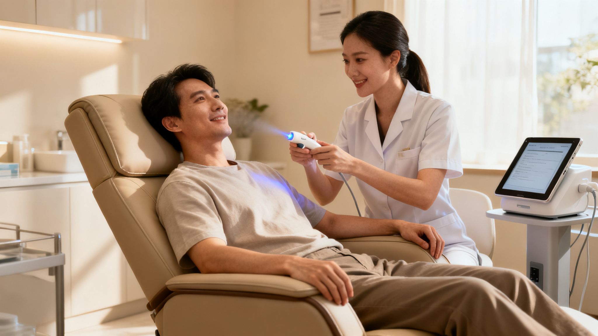 Le laser anti tabac Belgique : guide pour arrêter de fumer efficacement 5 Un homme souriant reçoit un traitement de lumière bleue d'une praticienne dans une clinique moderne.