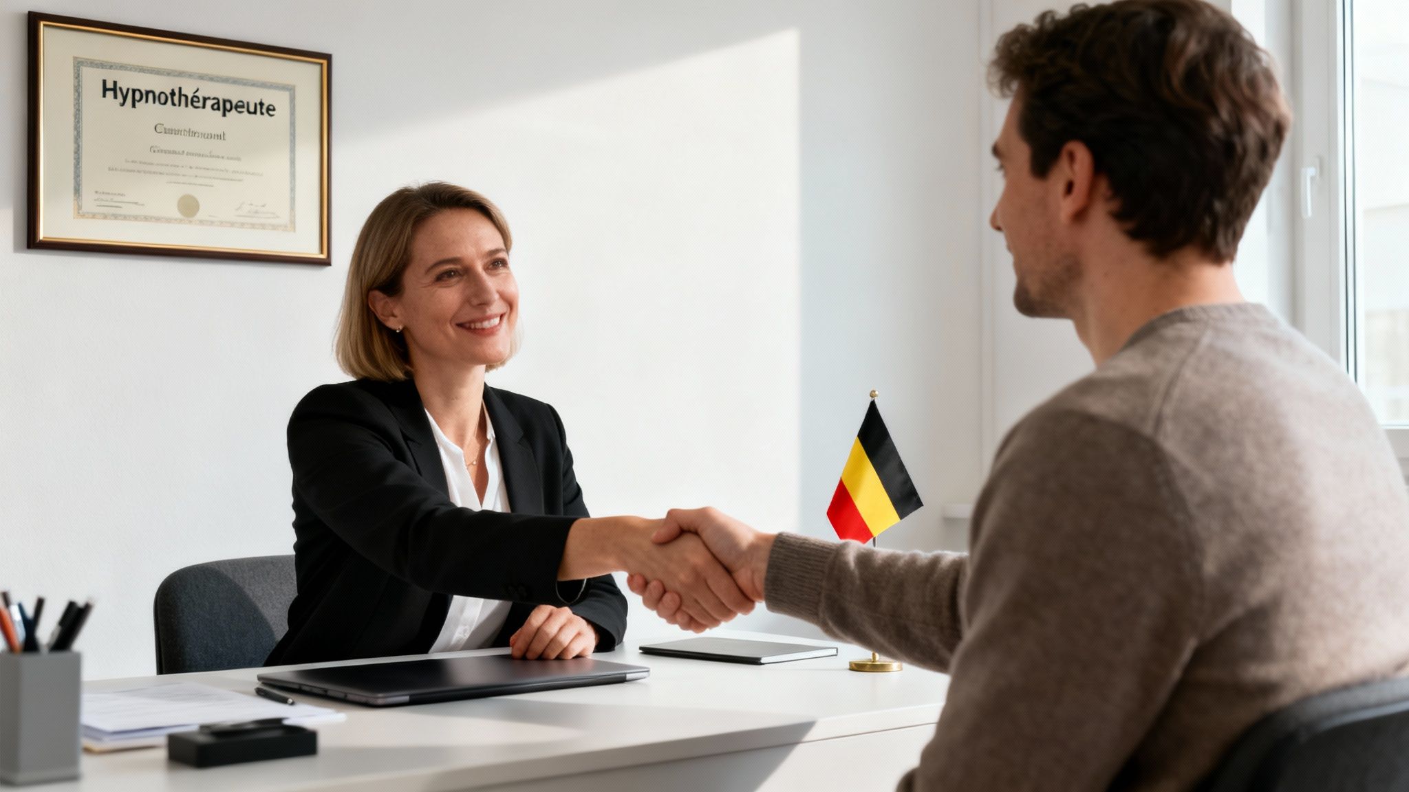 Une hypnothérapeute souriante serre la main d'un client dans son cabinet, avec un diplôme et un drapeau belge.