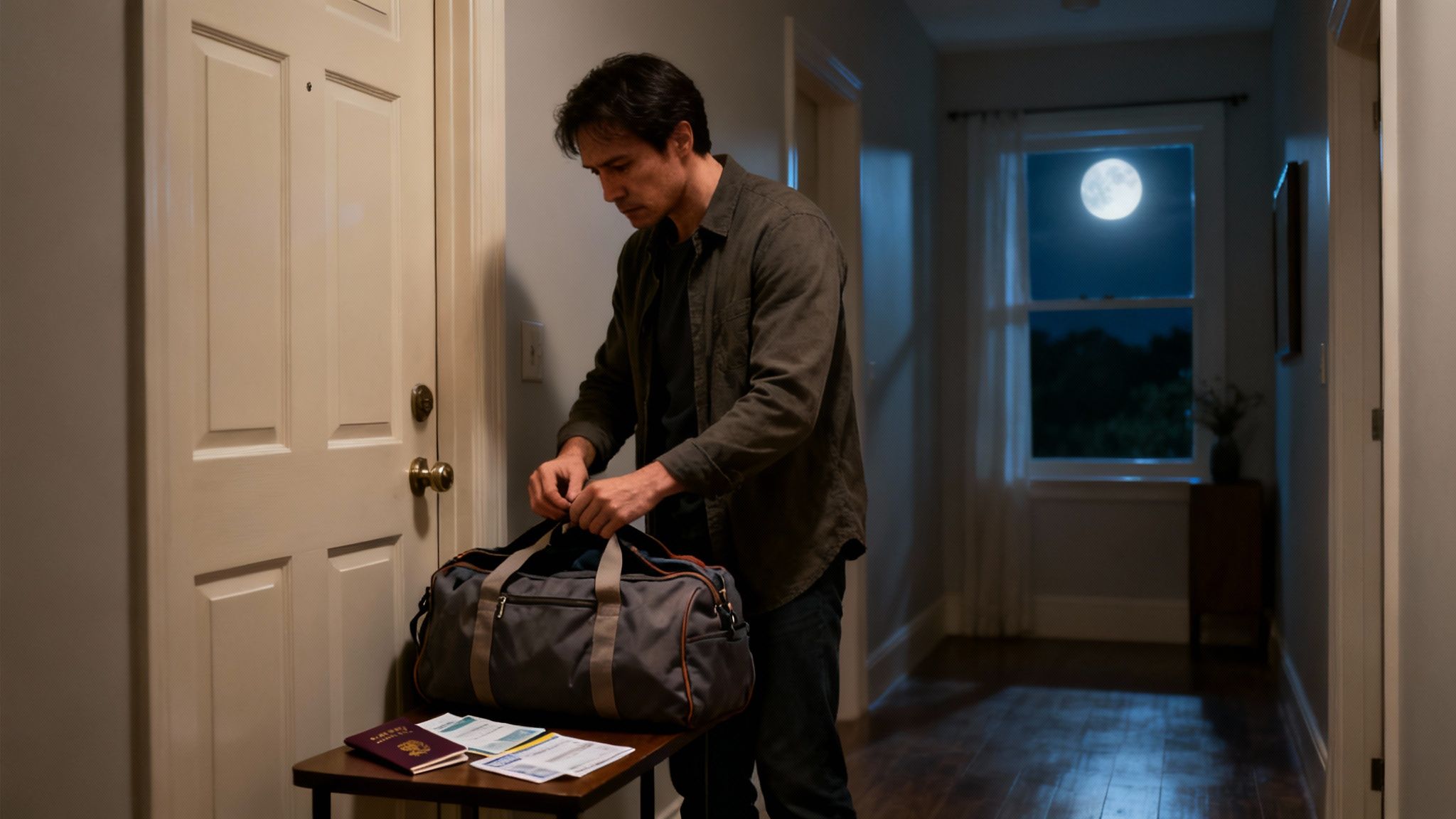 Un homme prépare ses affaires, rangeant une valise la nuit, avec la pleine lune visible par la fenêtre.