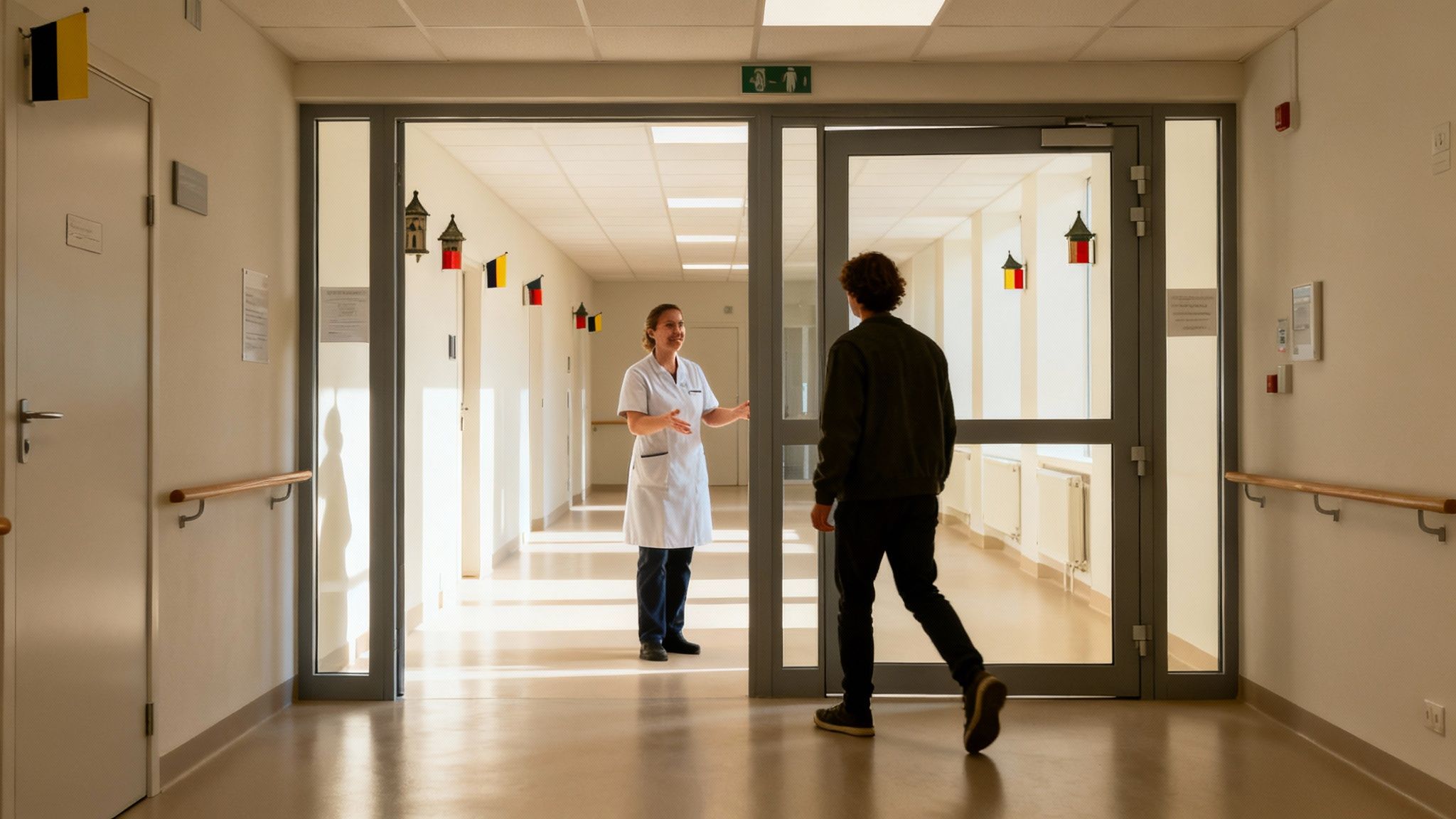 Infirmière souriante en uniforme blanc accueillant un jeune homme dans le couloir lumineux d'un centre médical belge.