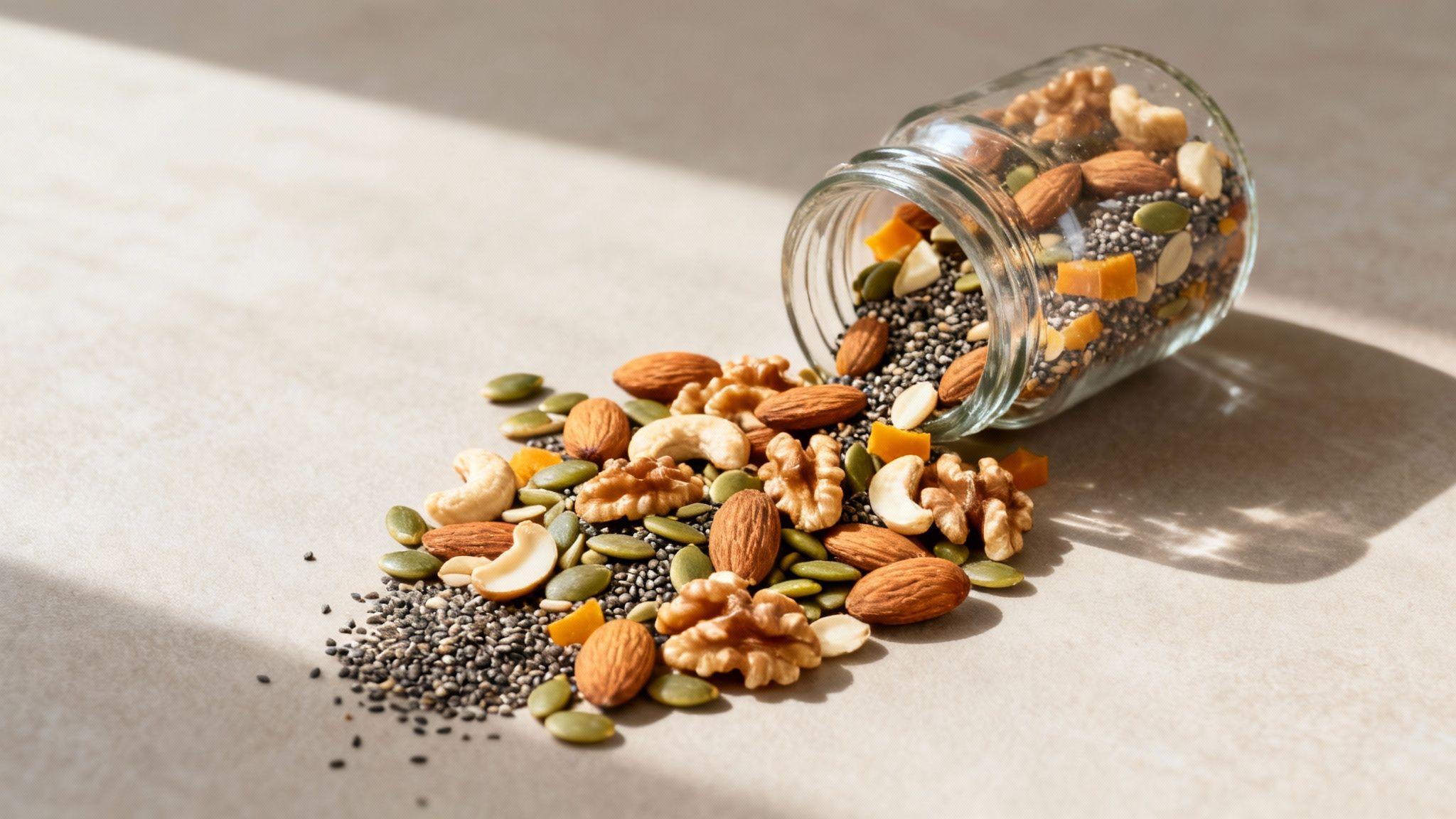 Mélange de noix, graines, amandes et fruits secs sans sucre ajouté débordant d'un bocal en verre