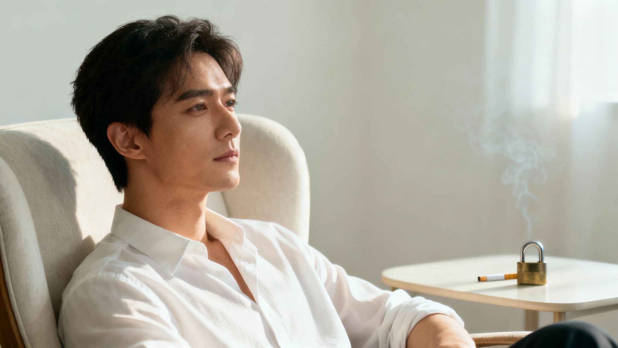 Homme assis calmement dans un fauteuil blanc contemplant son arrêt du tabac par hypnose