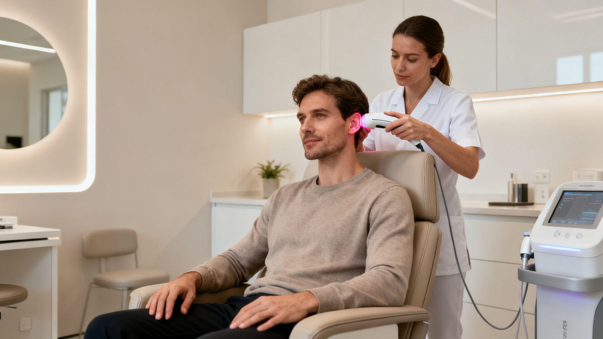 Le laser anti tabac Belgique : guide pour arrêter de fumer efficacement 3 Une professionnelle utilise un appareil laser sur l'oreille d'un homme souriant, dans une clinique moderne et lumineuse.