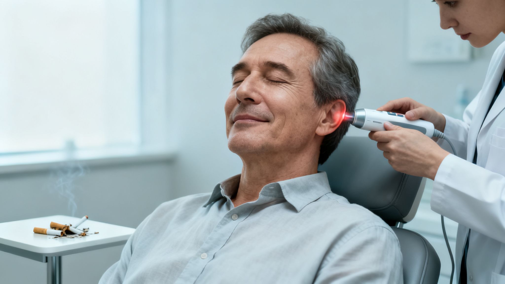 Tout savoir sur auriculothérapie laser Belgique et ses bienfaits 5 Un homme reçoit une auriculothérapie au laser sur l'oreille pour l'aider à arrêter de fumer, avec des cigarettes éteintes à proximité.