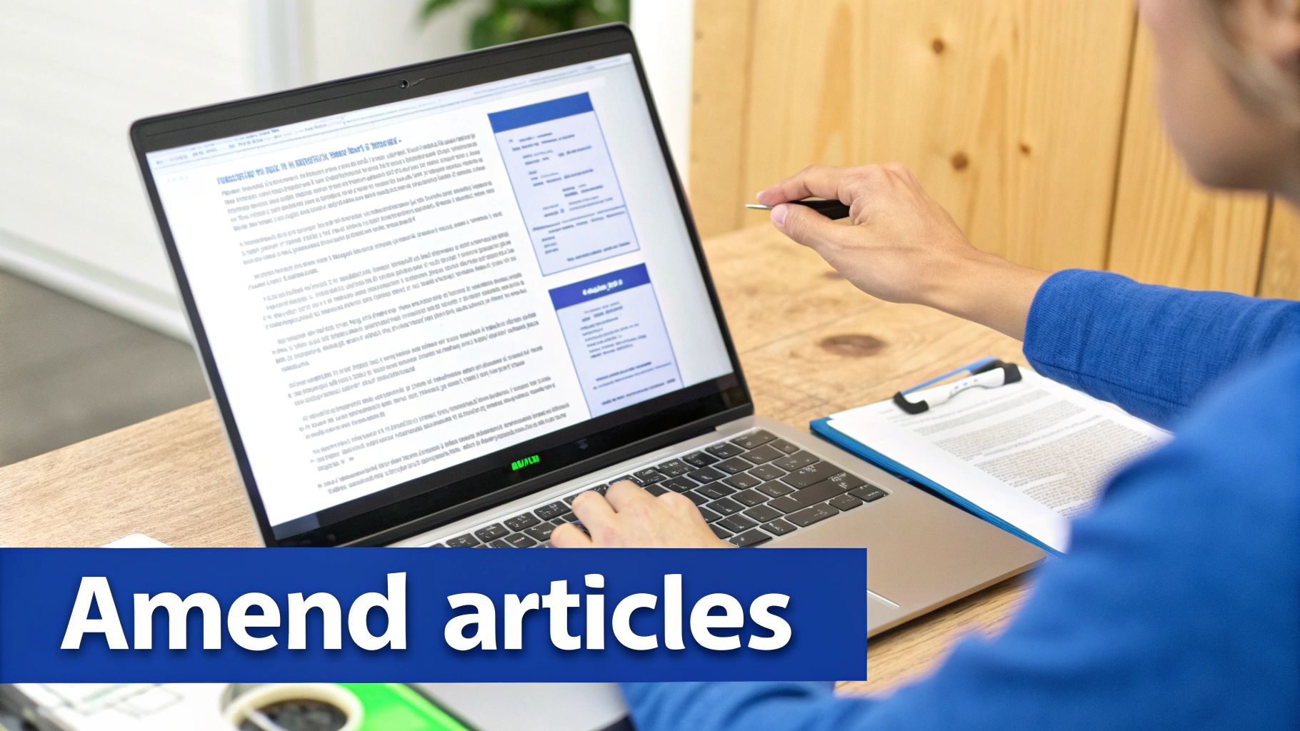 A person reviewing and amending articles on a laptop, with documents on a clipboard nearby.