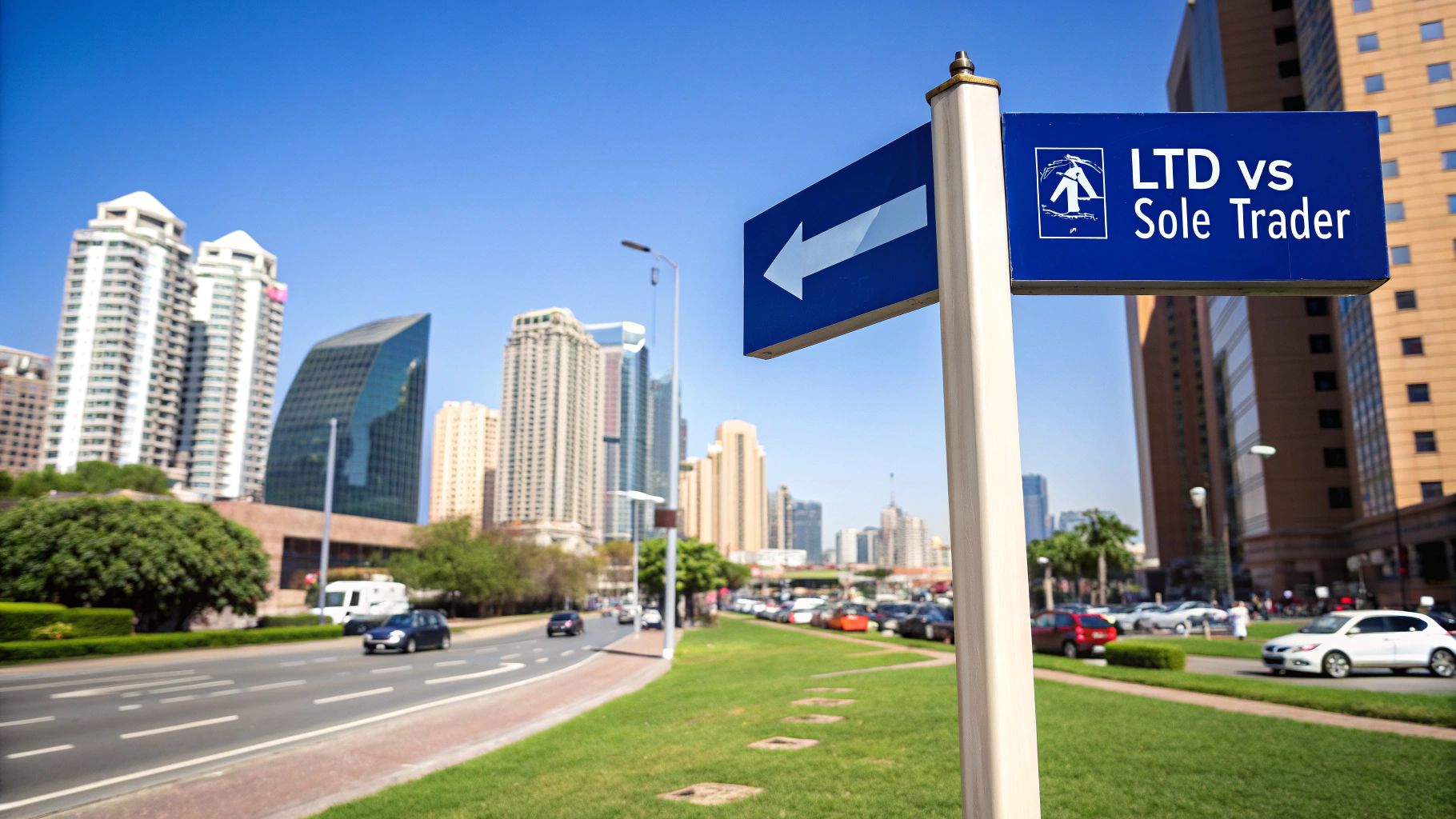 A person at a crossroads, deciding between two paths representing business structures.