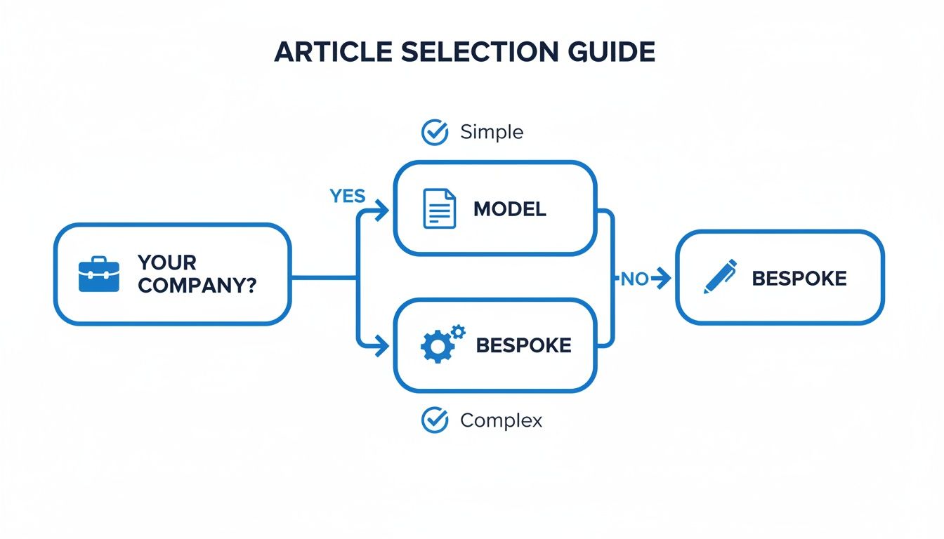 A flowchart for article selection, guiding decisions between model, bespoke, simple, and complex options.
