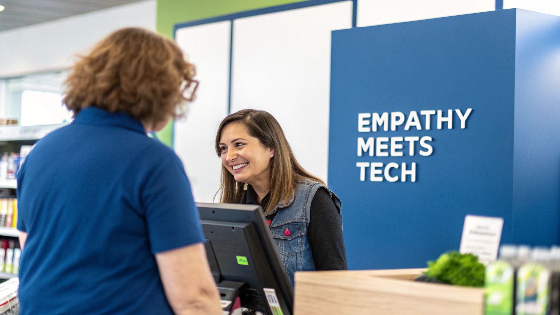A customer service agent smiling warmly while assisting a customer on the phone in a modern office.