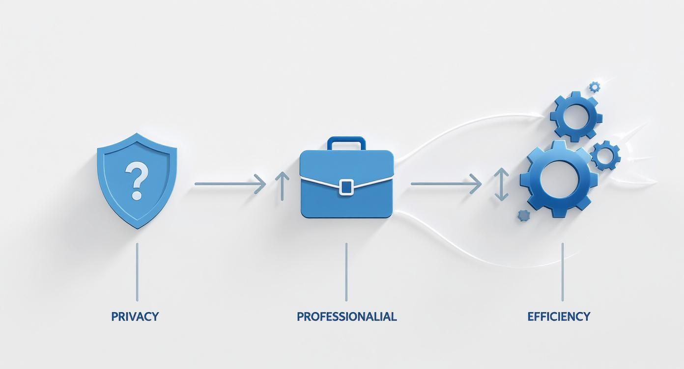 Infographic showing the flow from privacy (shield icon), to professionalism (briefcase icon), to efficiency (gears icon) in mail forwarding for businesses.
