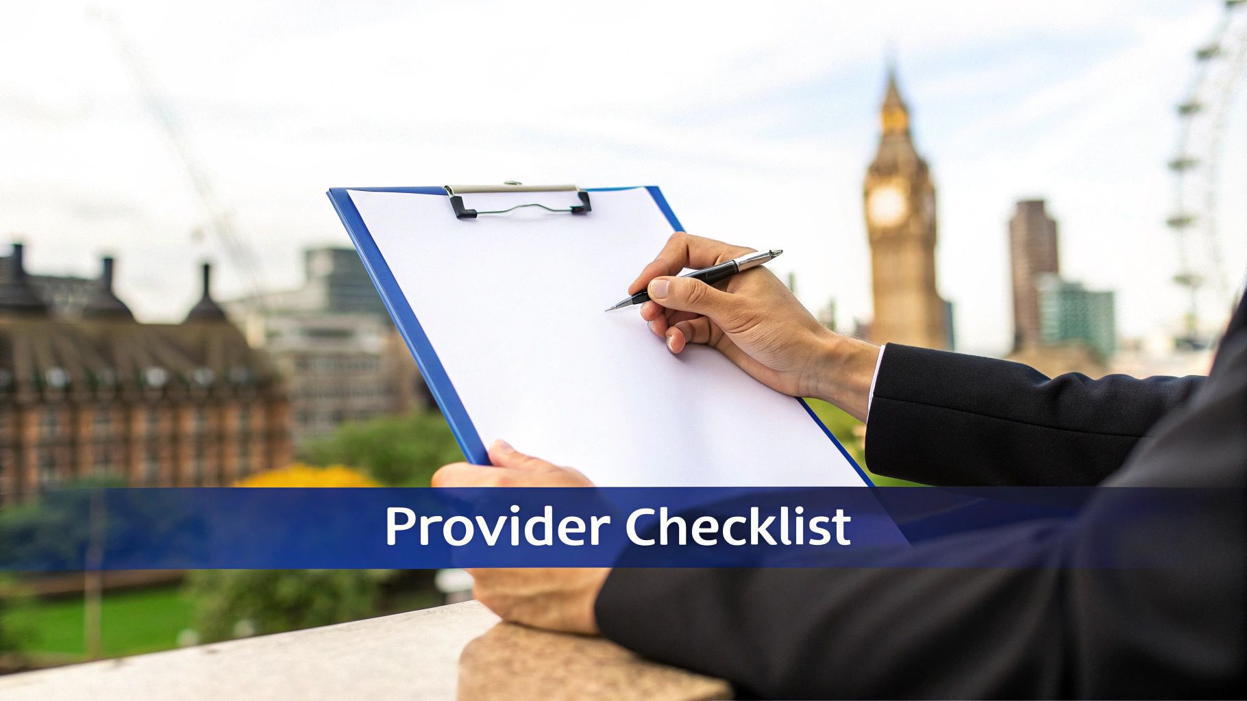 A person's hands typing on a laptop with a checklist icon overlay, signifying the process of choosing a virtual office provider.