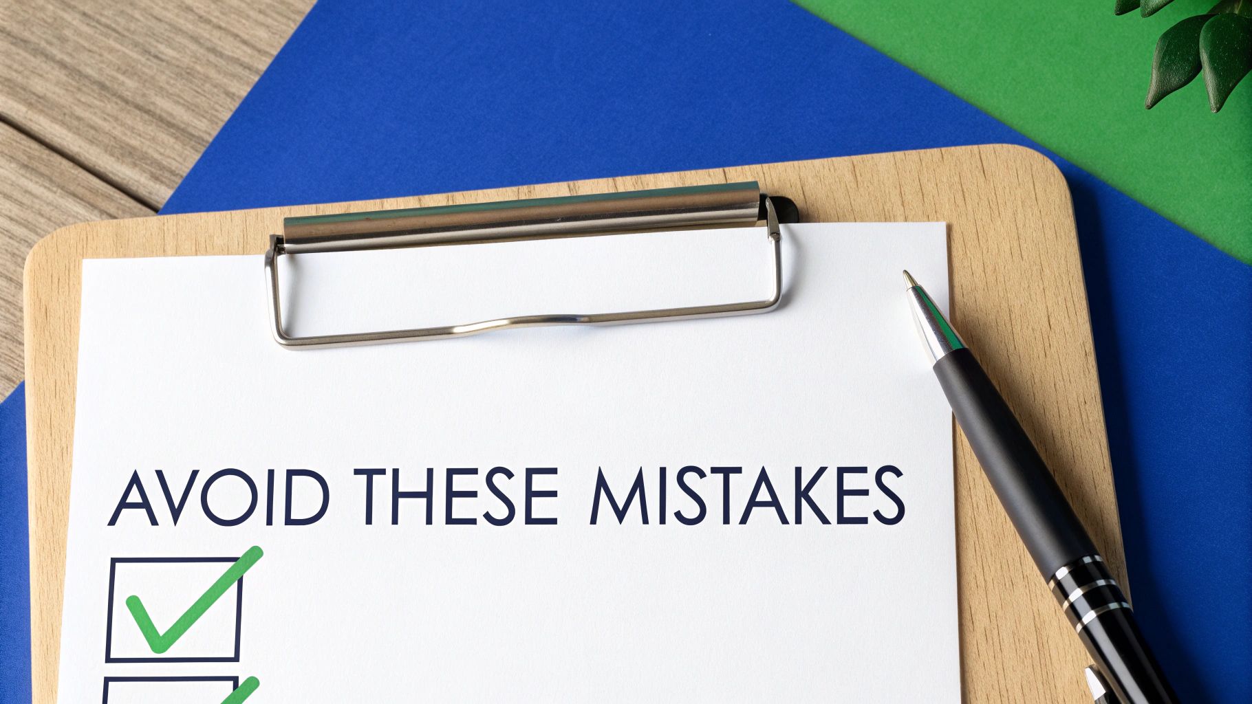 A clipboard with a paper titled "AVOID THESE MISTAKES" and a green checkmark on a checklist.