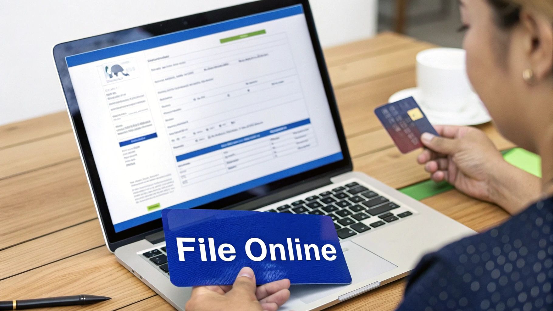 A person using a laptop with the Companies House logo on screen, illustrating the online filing process.