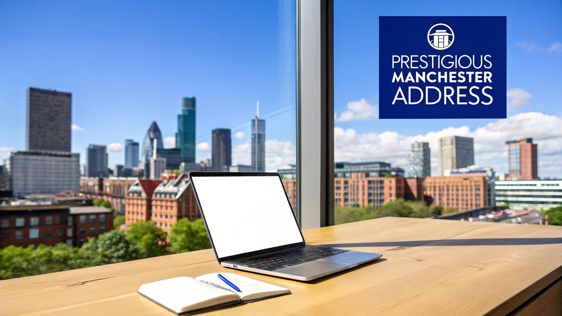 Aerial view of Manchester's modern city skyline under a clear blue sky.