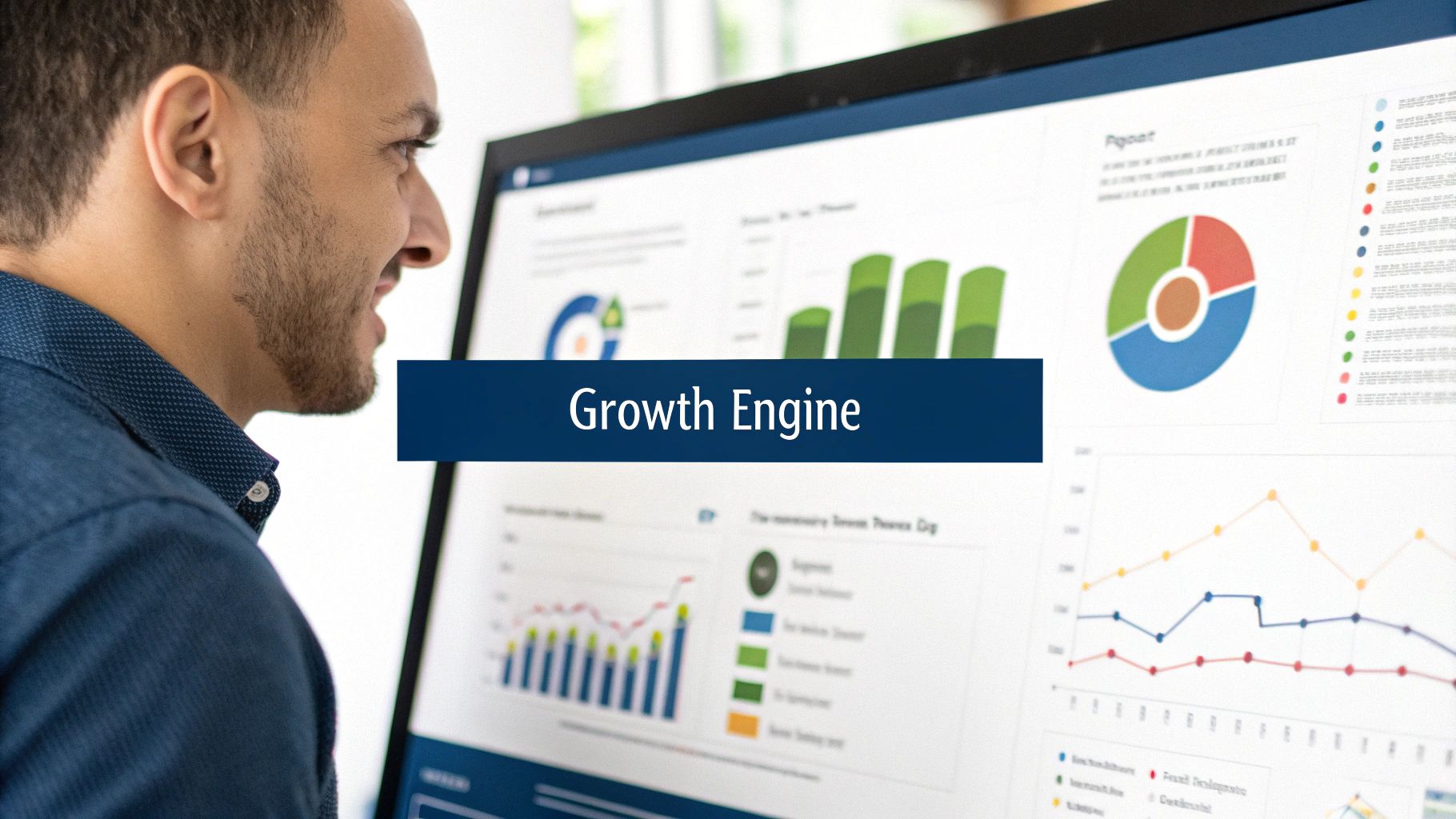 A marketing team collaborating around a digital dashboard showing customer acquisition funnels and metrics.