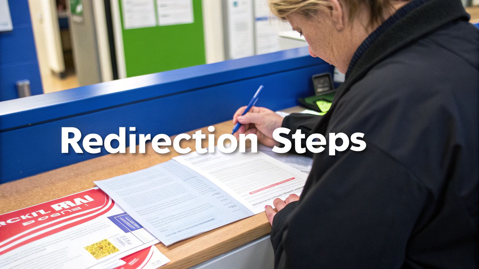 Woman filling out redirection forms with a blue pen on a wooden counter at a service desk.
