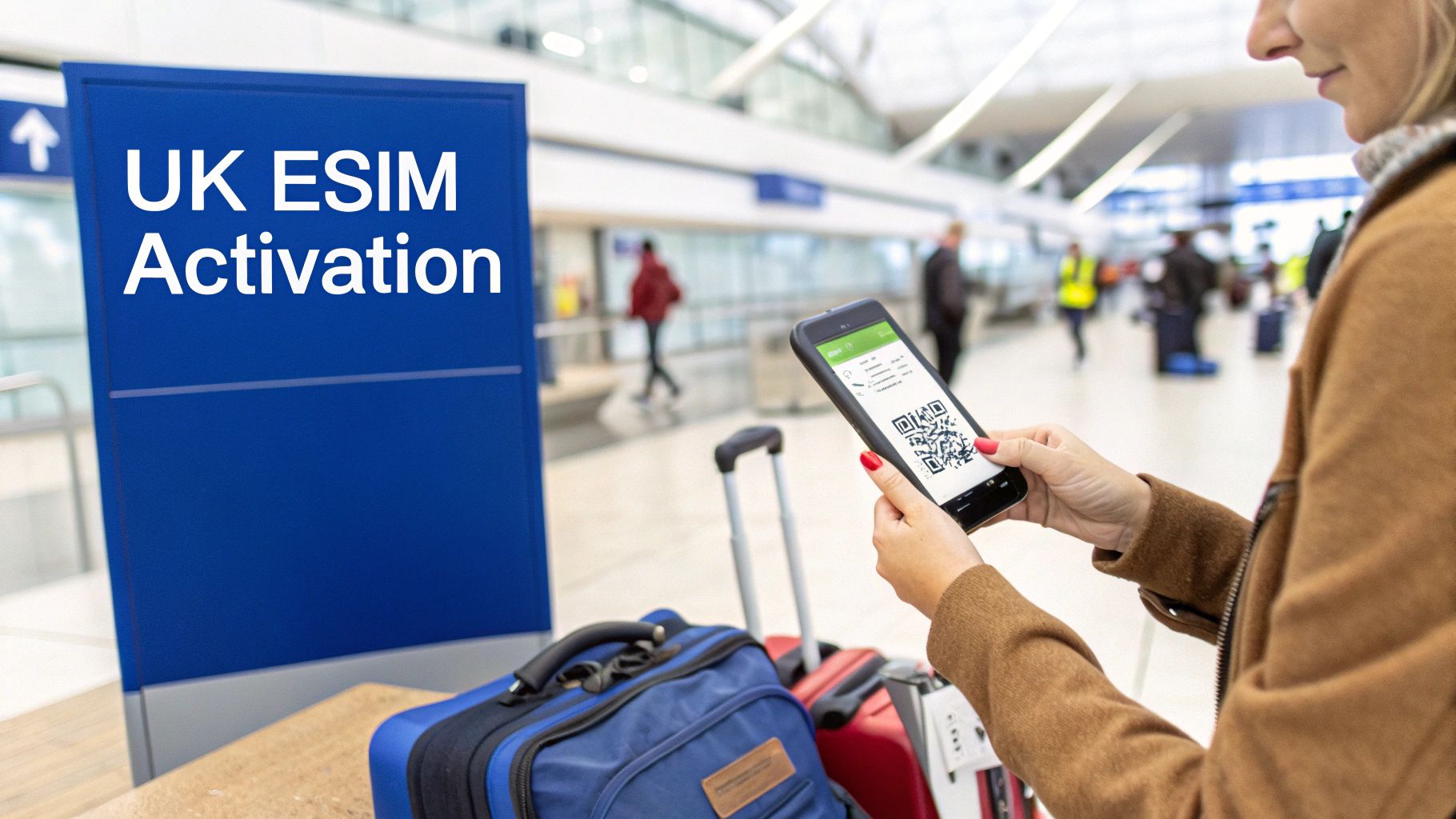 A person scanning a QR code with their smartphone to activate an eSIM for a UK number