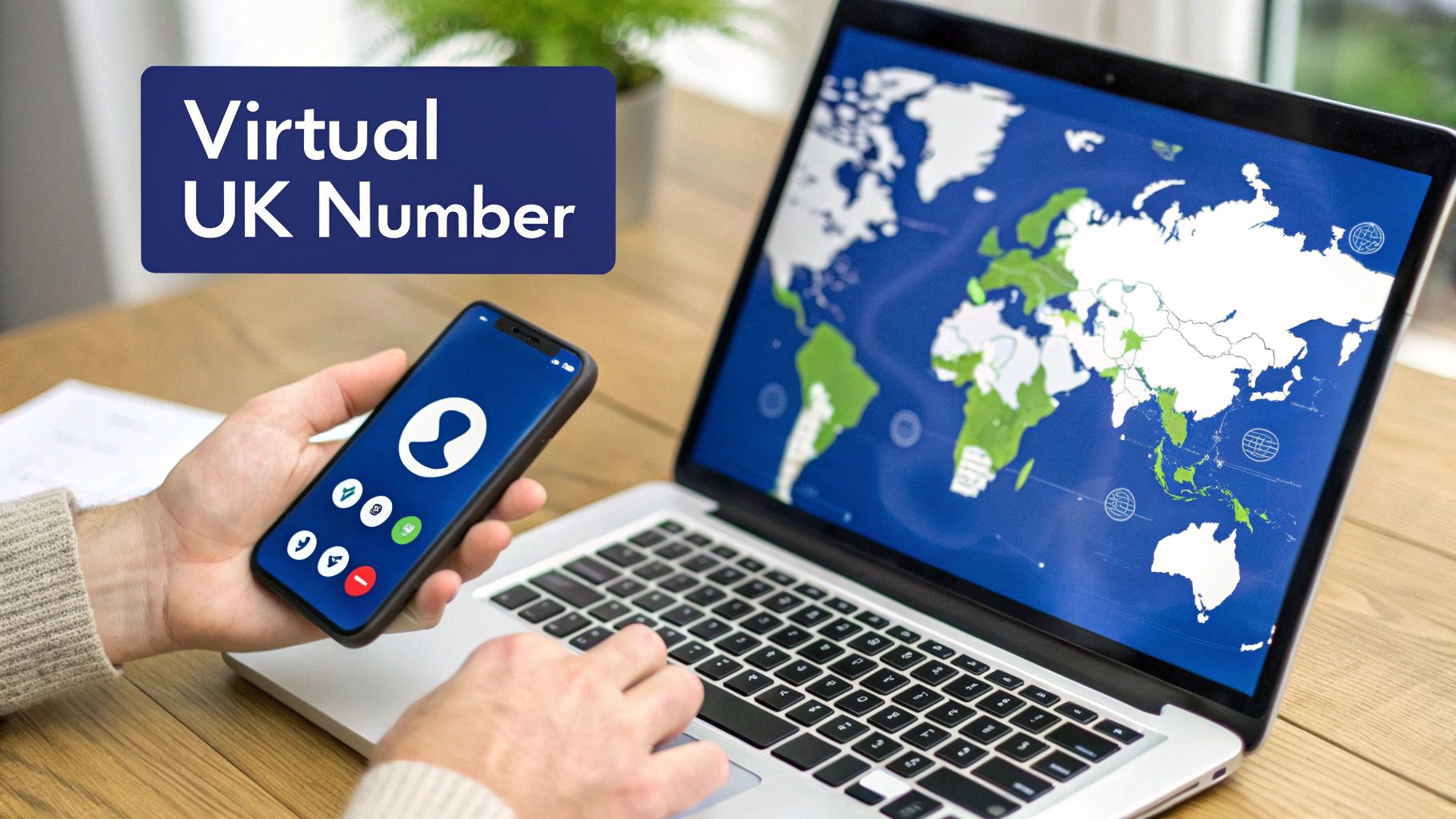 A professional using a virtual UK number on their laptop to connect with clients globally