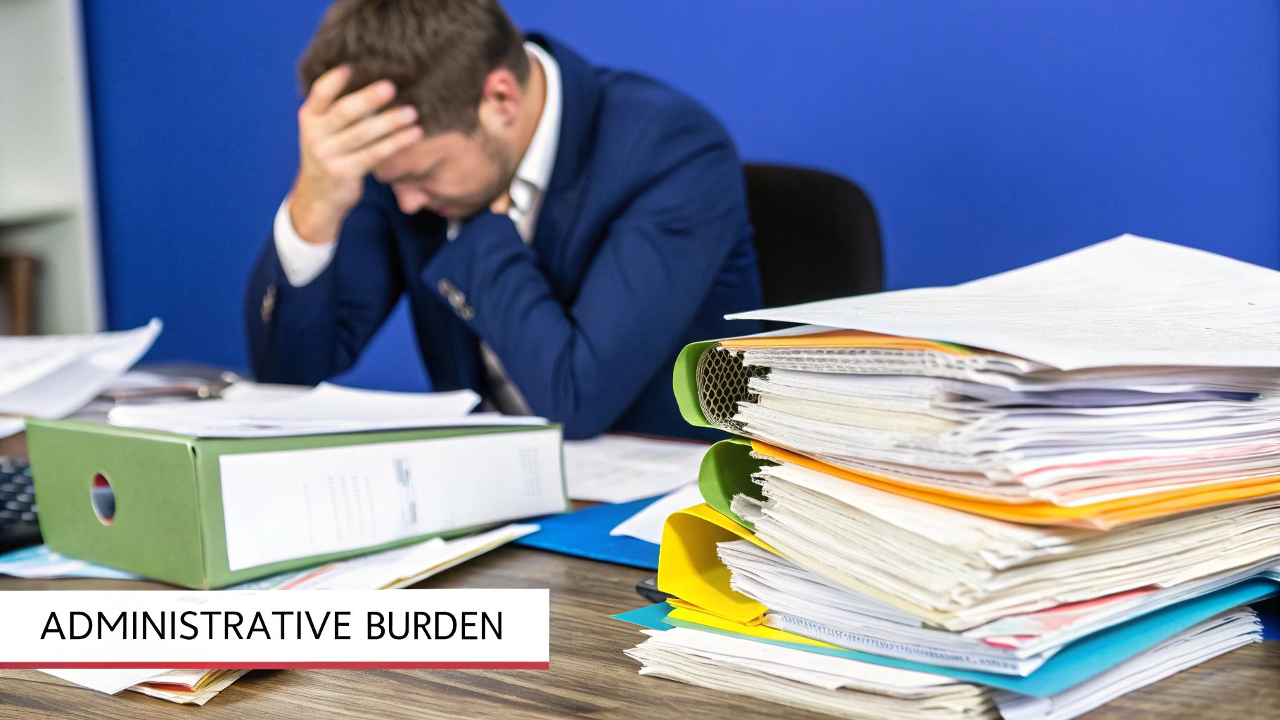 A person looking at a pile of paperwork and a calculator, representing the administrative burden of an LTD company.