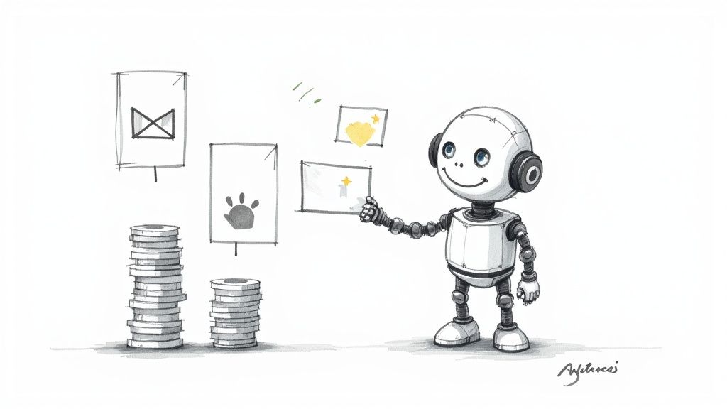 A friendly robot holds a star card, surrounded by task icons and coin stacks, suggesting management.