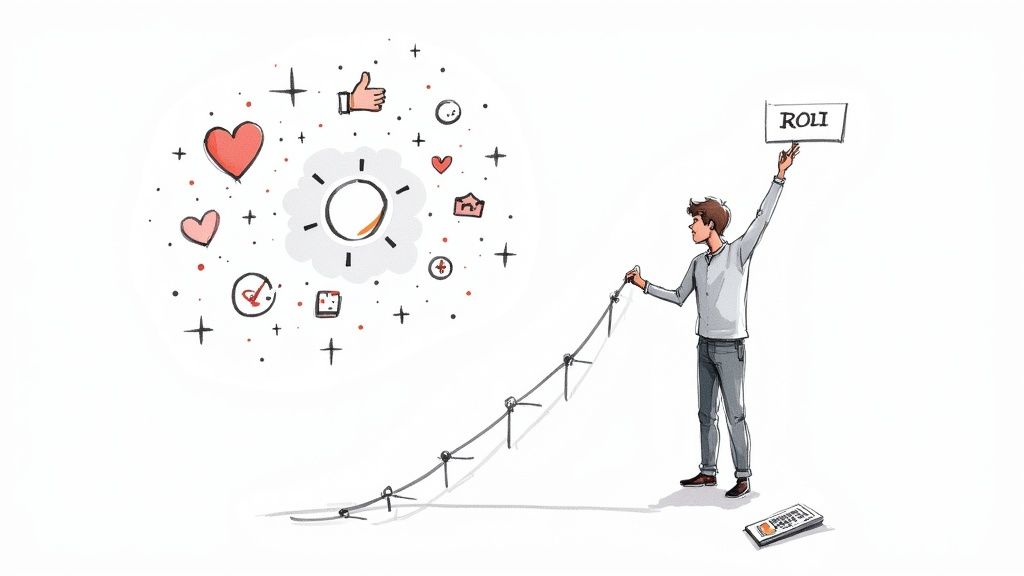 Marketer analyzing charts and graphs on a computer screen, representing social media ROI.