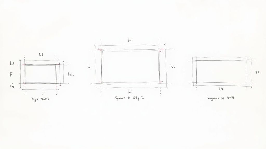 Hand-drawn architectural sketches illustrate three rectangles with different proportions and dimensions, showing framing details.