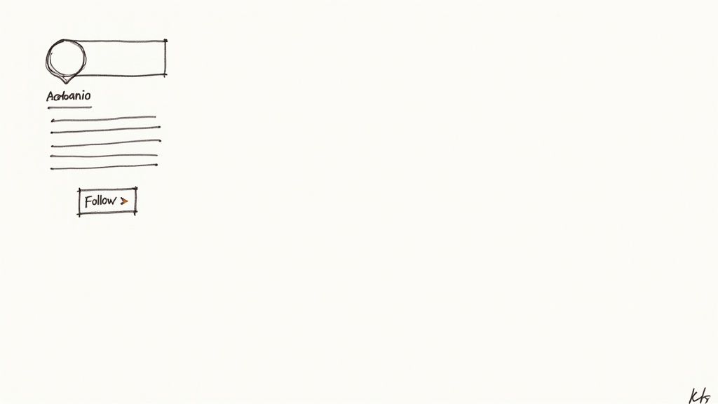 Hand-drawn sketch of a social media profile card featuring an avatar, username 'Aaabanio', and a 'Follow' button.