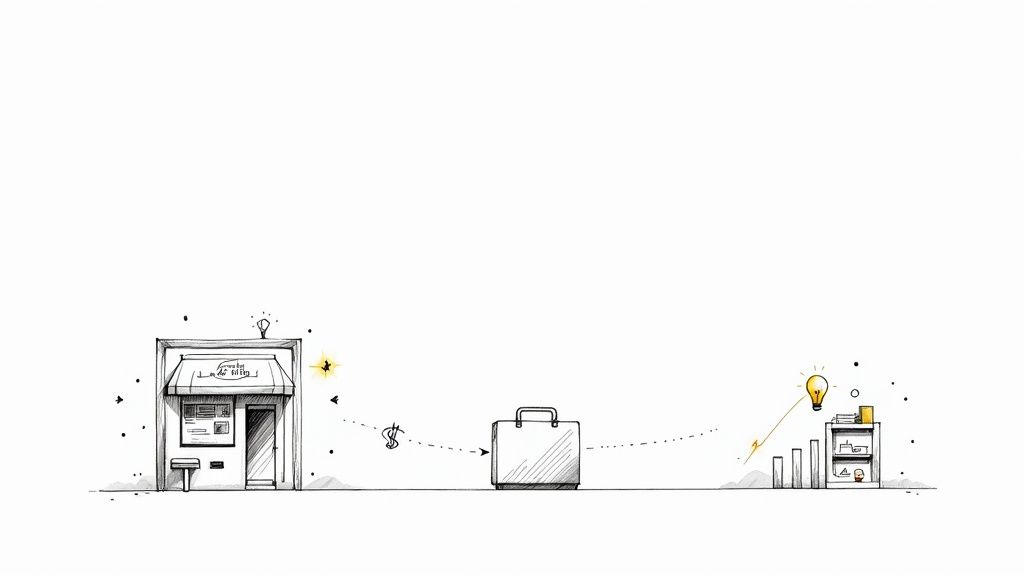 A laptop on a desk showing an ad revenue dashboard, with a plant and coffee nearby.