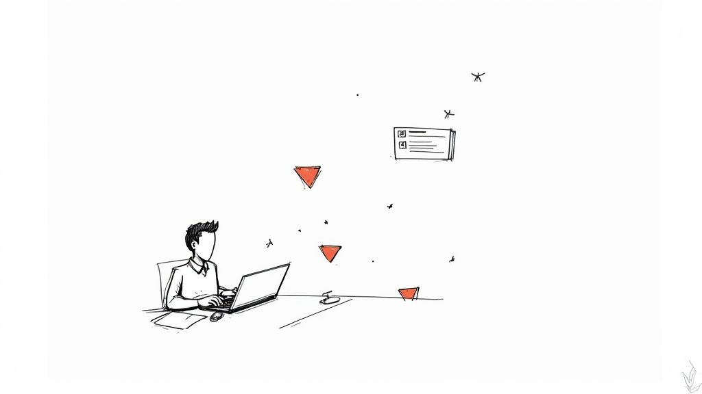 A person looking thoughtfully at a laptop screen, brainstorming ideas for a LinkedIn post.