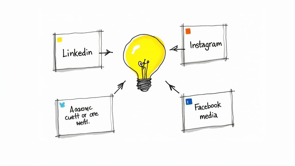 Light bulb in center connected to social media platforms LinkedIn Instagram Facebook and Twitter