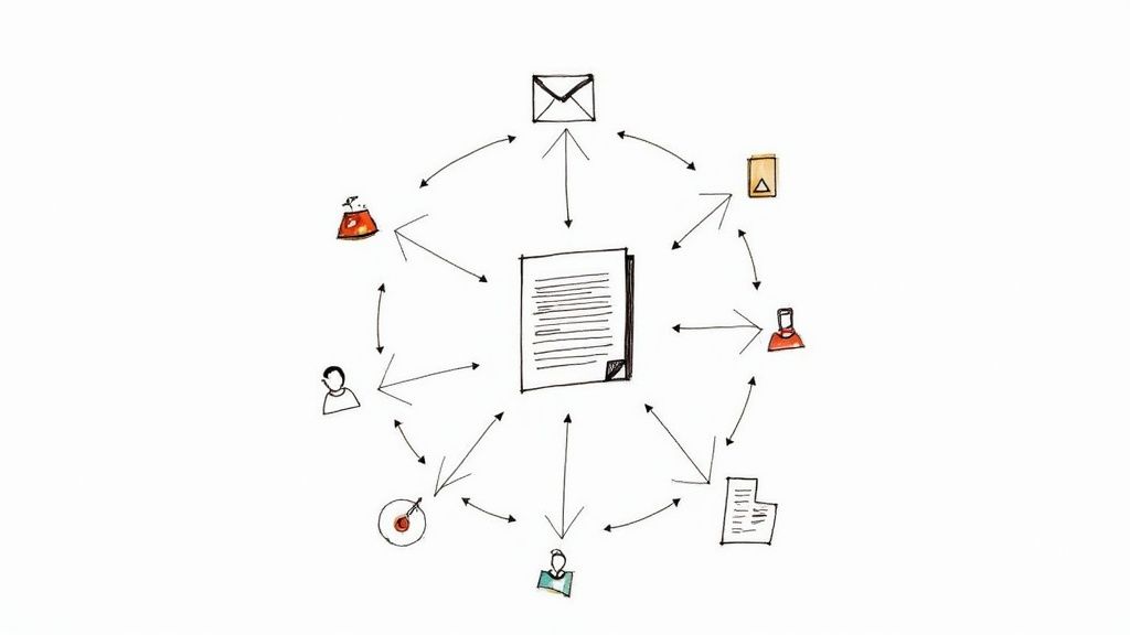 A group of diverse content assets like a video, social post, and infographic connected to a central blog post.