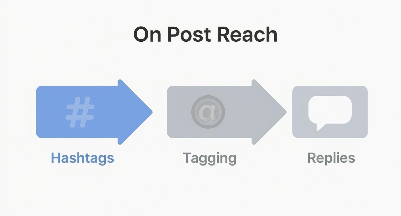 Infographic showing a process flow for increasing post reach with icons for hashtags, tagging, and replies.