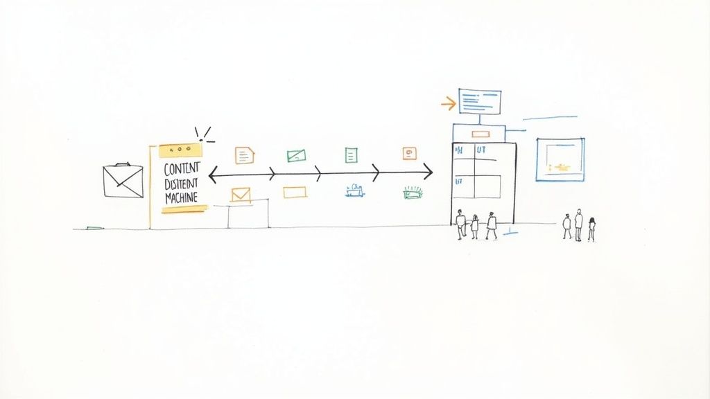 A person working on a laptop with a digital calendar and social media icons floating around, symbolizing organized content distribution.